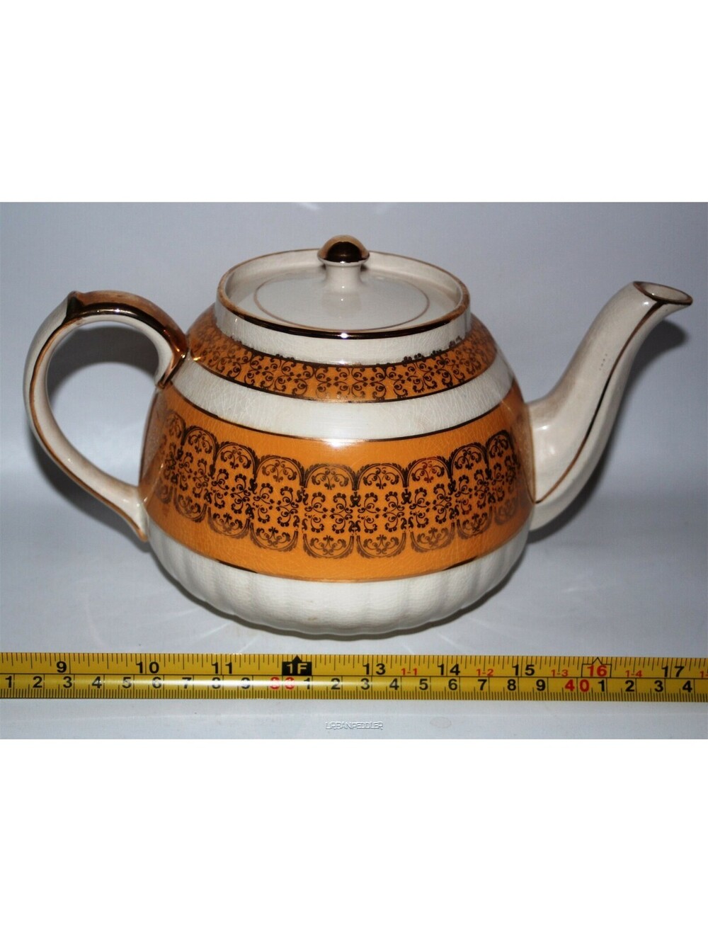 SADLER Teapot*VTG Staffordshire England*Orange Band Gold Filigree*No Lid*3283